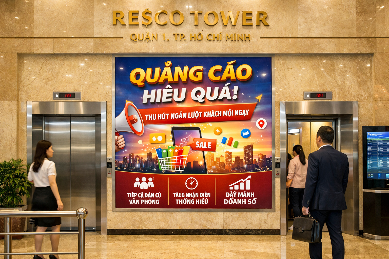 Giải pháp quảng cáo hiệu quả tại thang máy tòa nhà Resco Tower Quận 1
