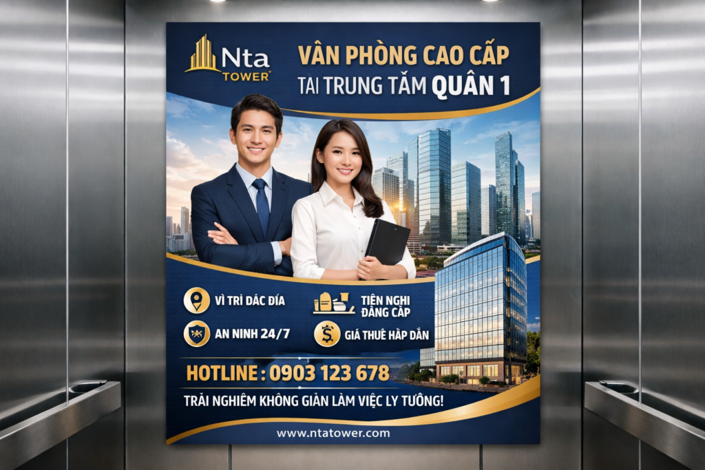 quảng cáo dán poster trong thang máy tòa nhà Nta Quận 1