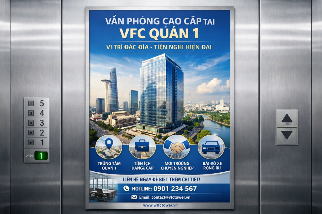 quảng cáo poster trong thang máy tòa nhà Vfc Quận 1