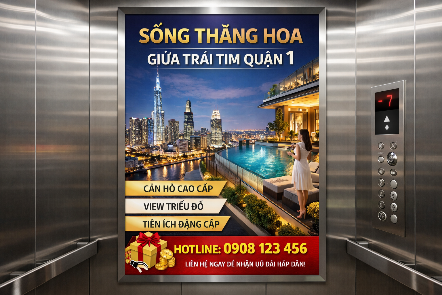 quảng cáo poster trong thang máy tòa nhà quận 1