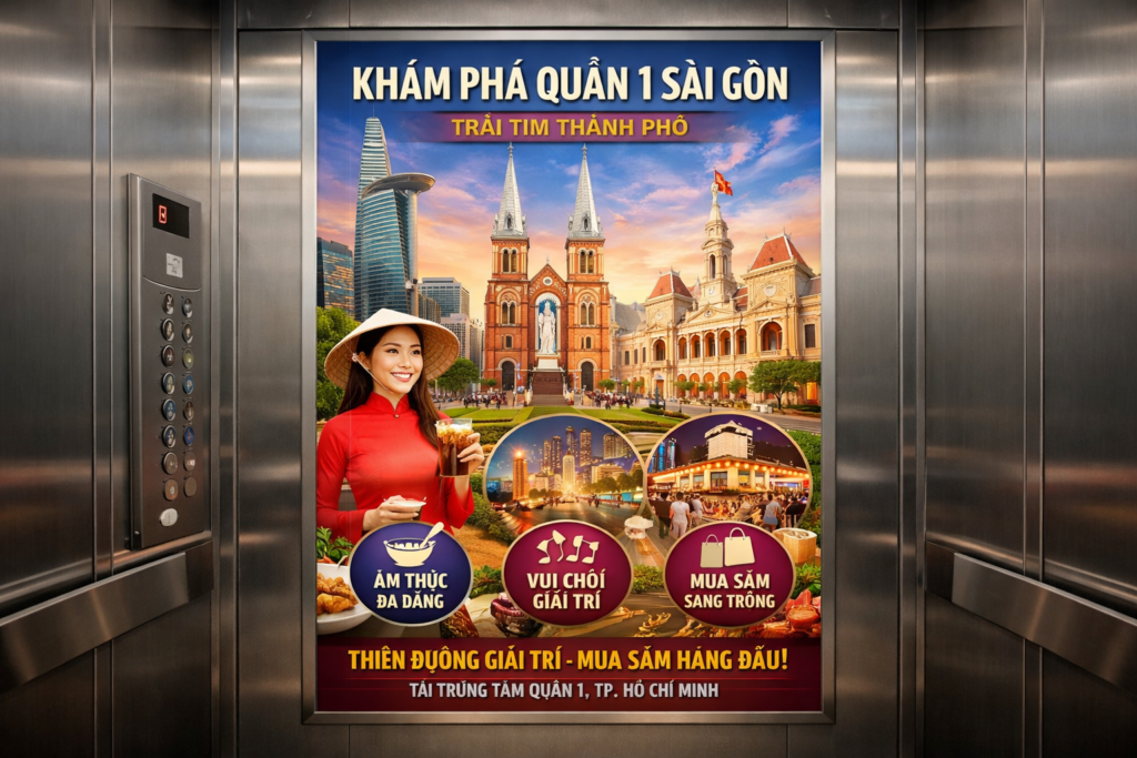 quảng cáo dán poster trong thang máy tòa nhà tại Quận 1
