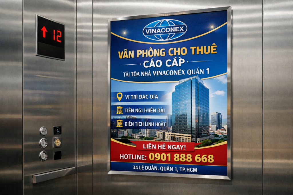 quảng cáo trong thang máy tòa nhà Vinaconex Quận 1