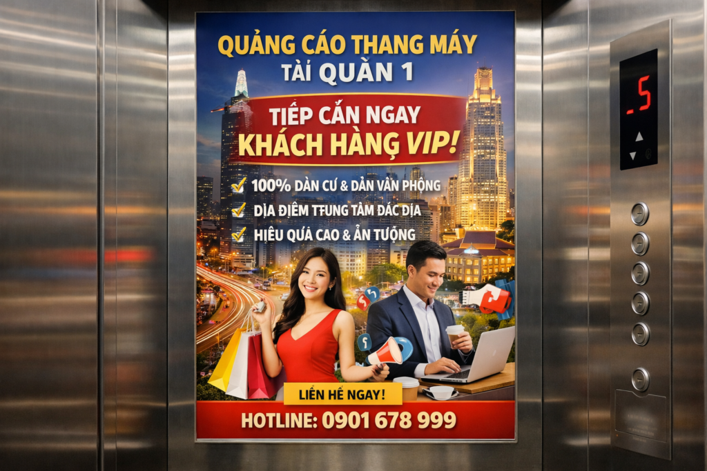 quảng cáo poster trong thang máy tại tòa nhà Pasteur Quận 1