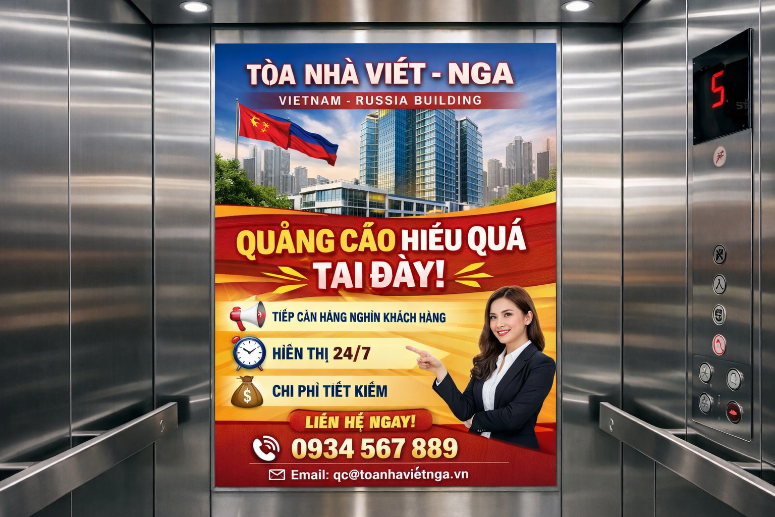 quảng cáo hiệu quả với poster trong thang máy tòa nhà Việt Nga