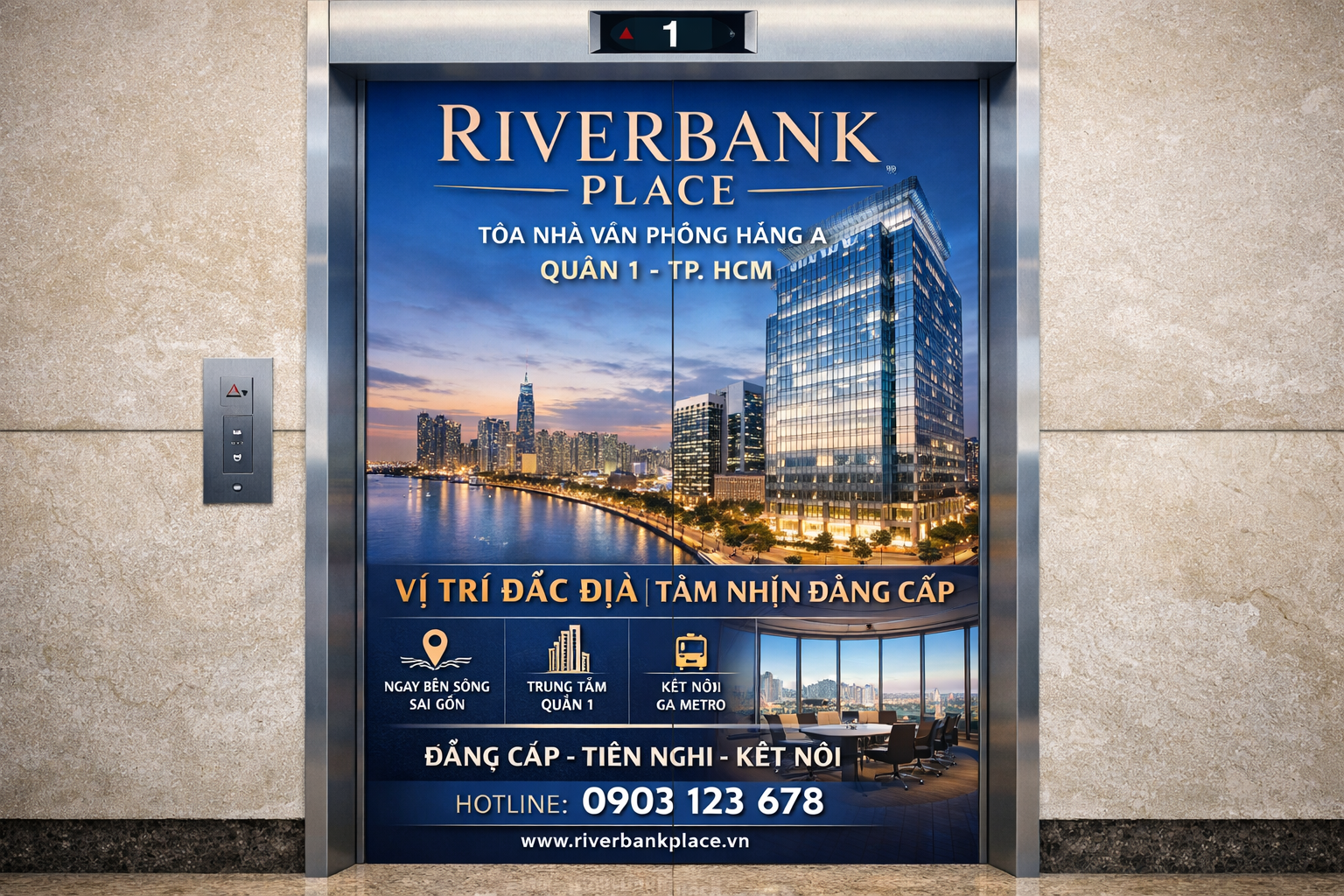 Quảng Cáo Dán Poster Thang Máy Tòa Nhà Riverbank Place QUẬN 1