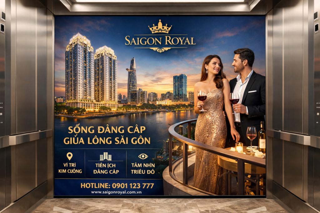 quảng cáo dán poster thang máy tại Saigon Royal