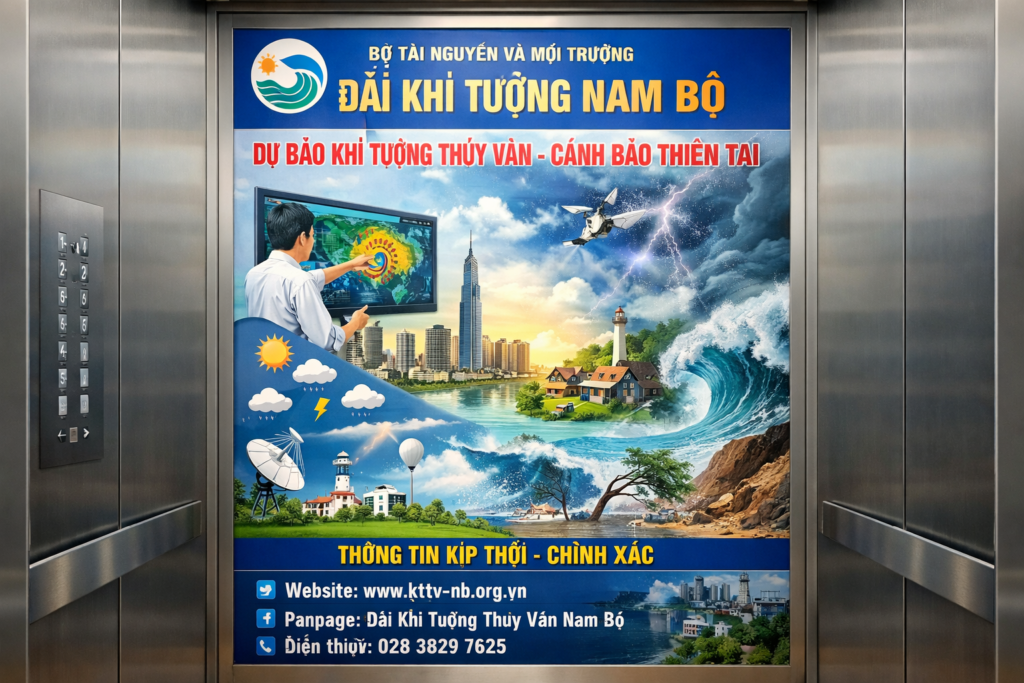 dán poster thang máy tại Đài Khí Tượng Nam Bộ
