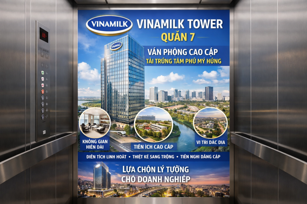 Quảng cáo dán poster thang máy tòa nhà Vinamilk Tower QUẬN 7