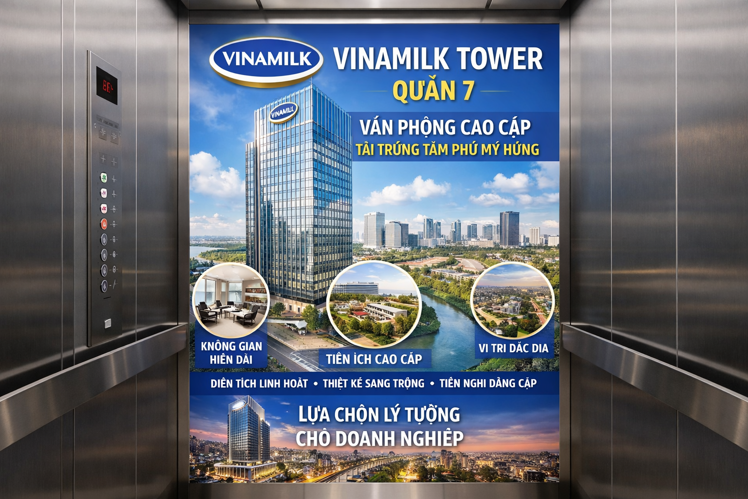 Quảng cáo dán poster thang máy tòa nhà Vinamilk Tower QUẬN 7