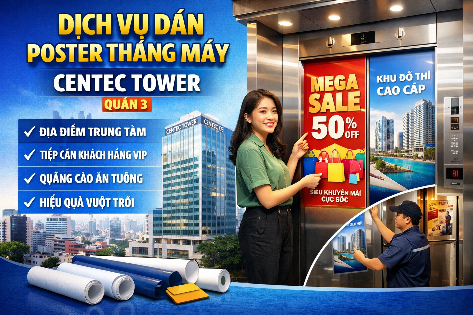 dịch vụ dán poster thang máy tại Centec Tower Quận 3