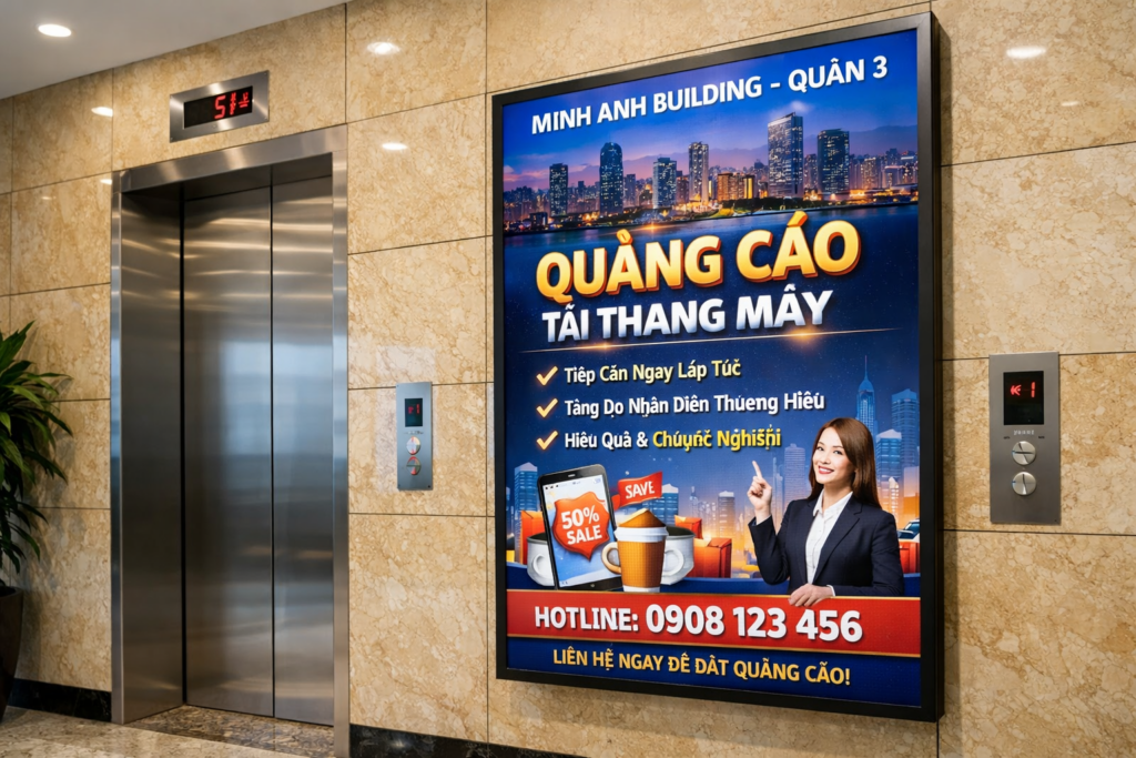 quảng cáo hiệu quả tại thang máy tòa nhà Minh Anh Quận 3