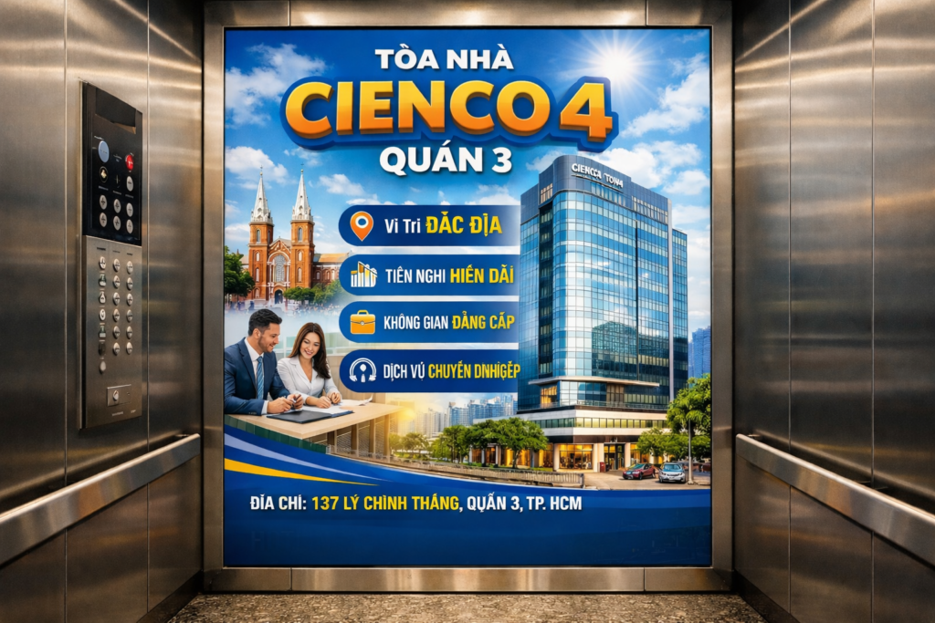 quảng cáo dán poster thang máy tại tòa nhà Cienco4 quận 3