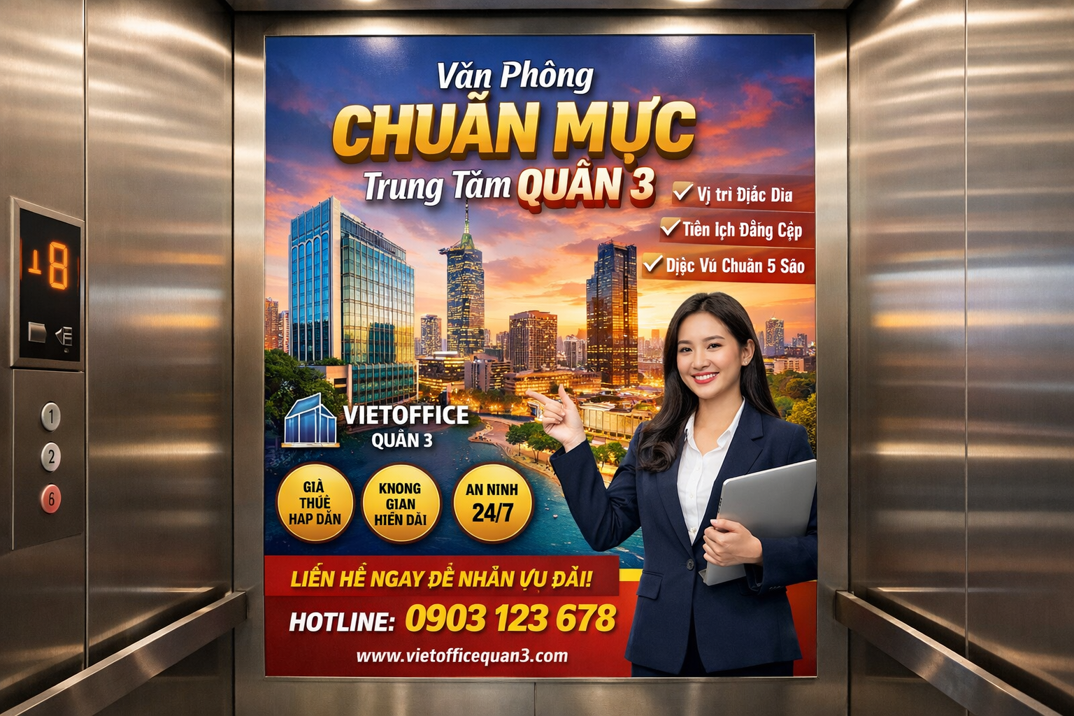 quảng cáo hiệu quả với poster thang máy tại Vietoffice Quận 3