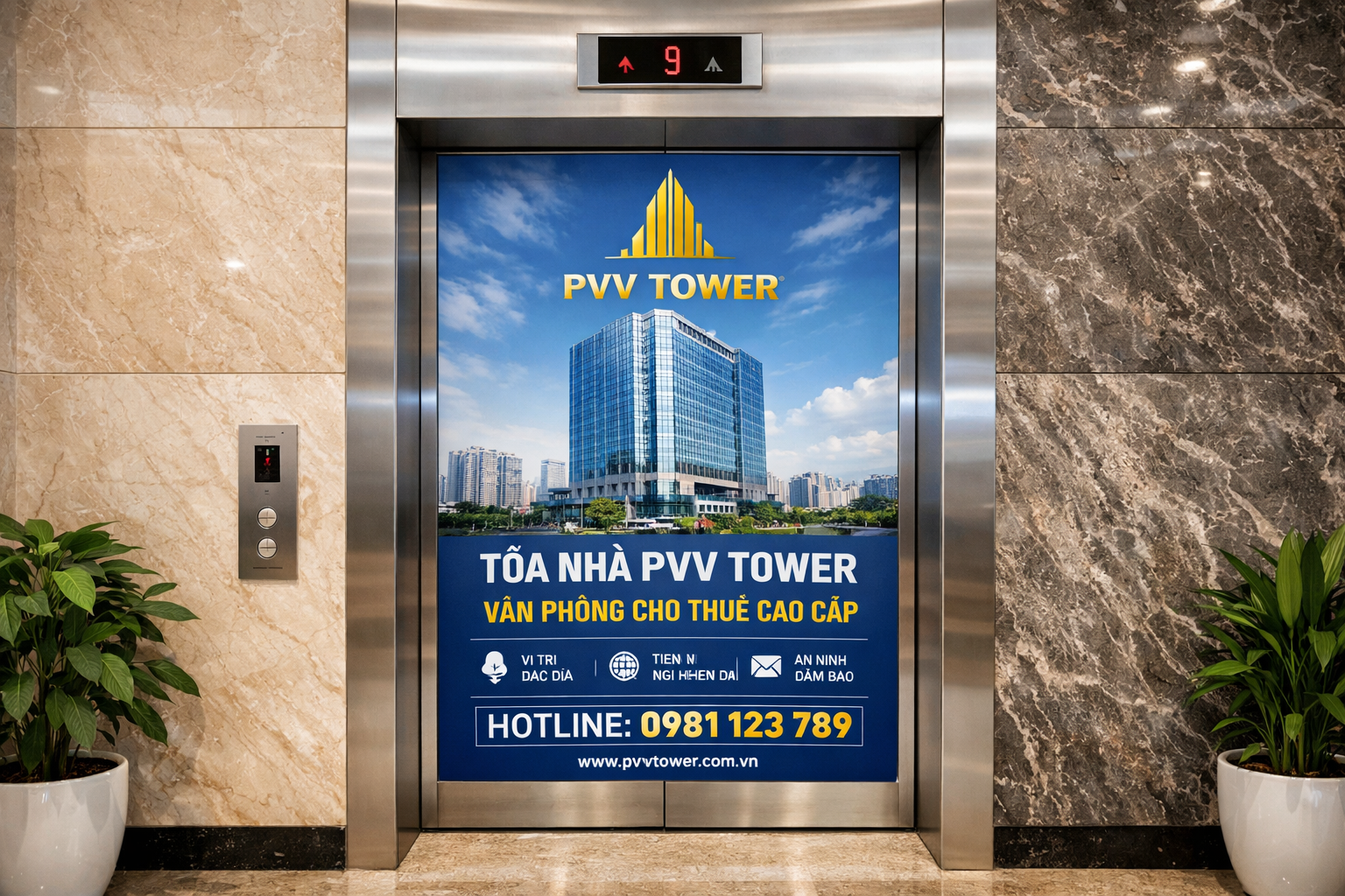 truyền thông qua dán poster tại thang máy tòa nhà Pvv Tower