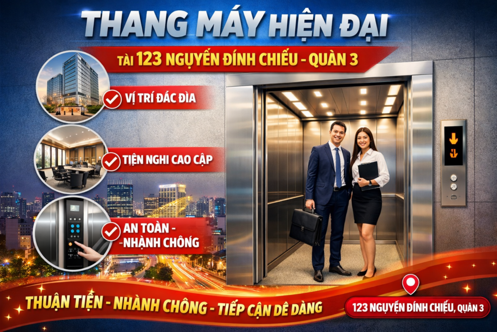quảng cáo poster thang máy tại 123 Nguyễn Đình Chiểu QUẬN 3