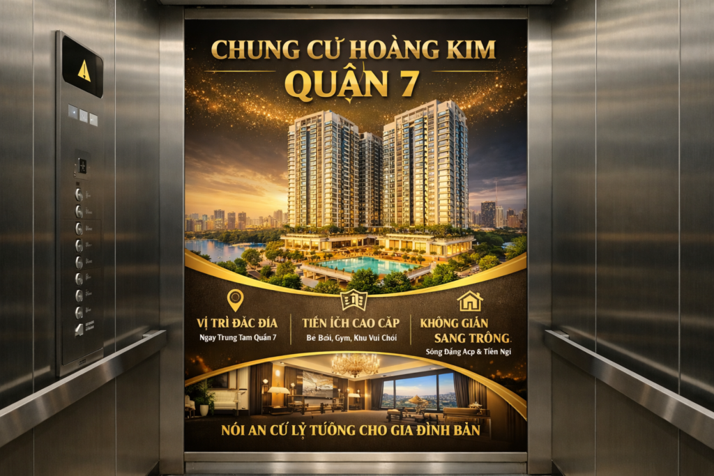 Quảng cáo dán poster thang máy tòa nhà Chung cư Hoàng kim QUẬN 7