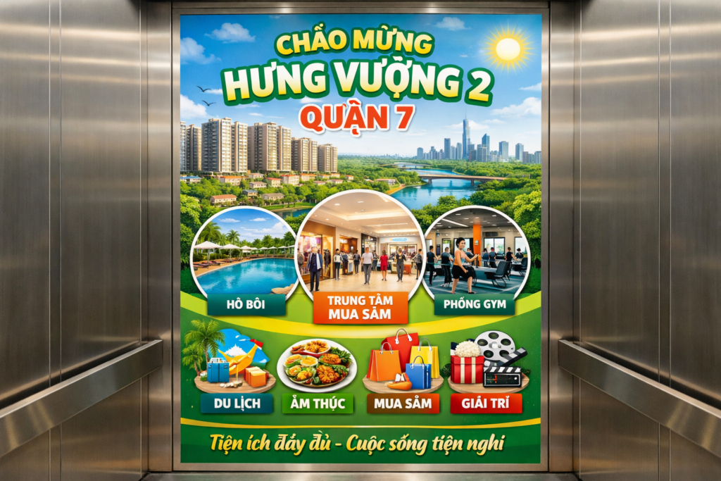 Quảng cáo dán poster thang máy tòa nhà Hưng Vượng 2 QUẬN 7