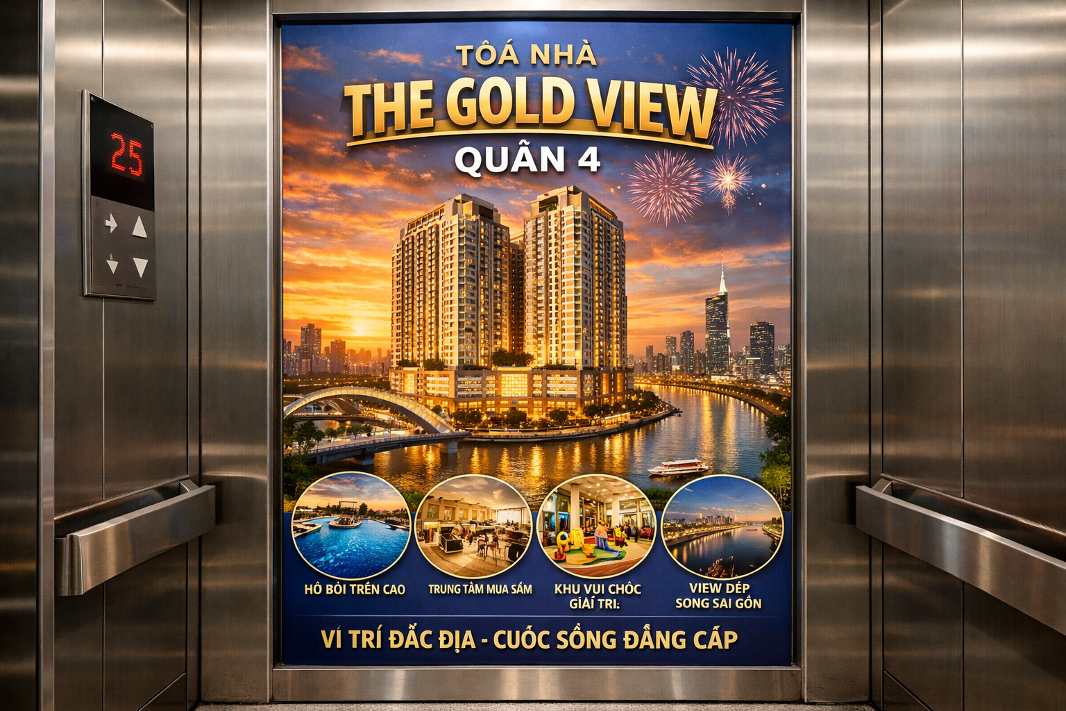 quảng cáo dán poster thang máy tòa nhà Gold view QUẬN 4