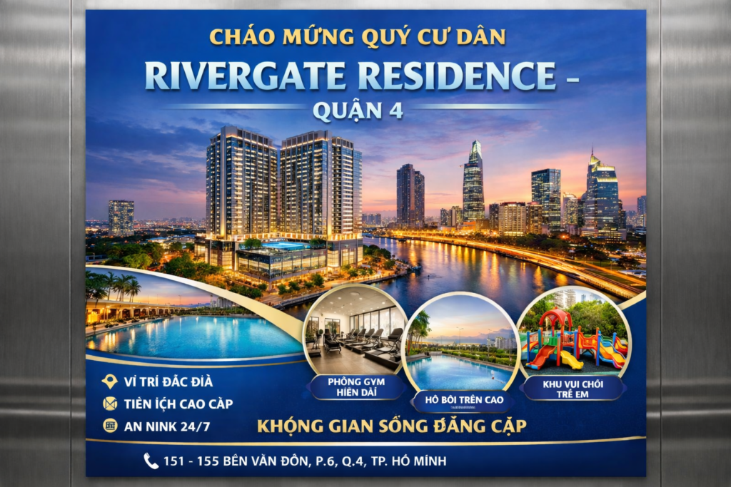 quảng cáo dán poster thang máy tòa nhà Rivergate Residence QUẬN 4