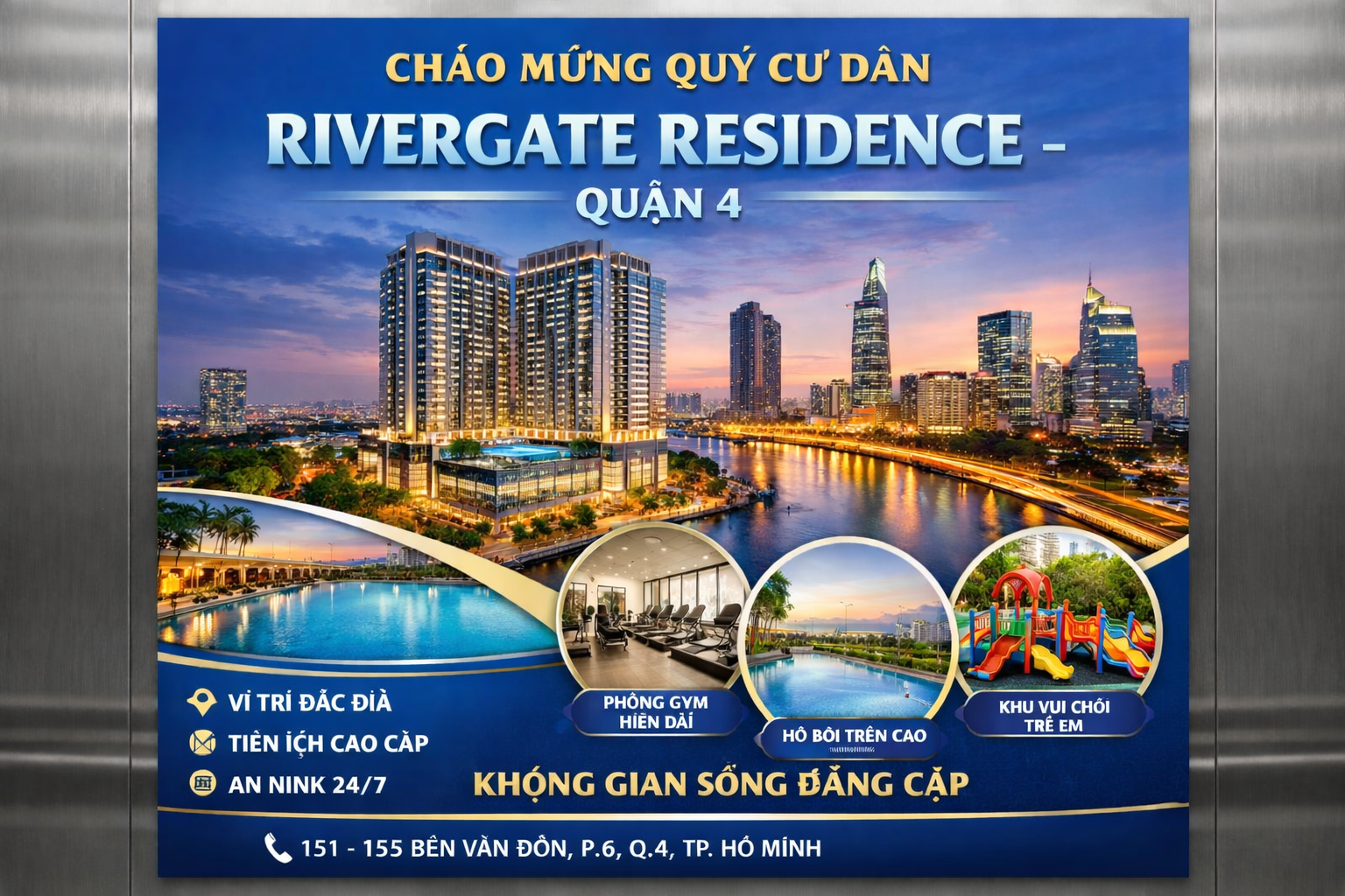 quảng cáo dán poster thang máy tòa nhà Rivergate Residence QUẬN 4