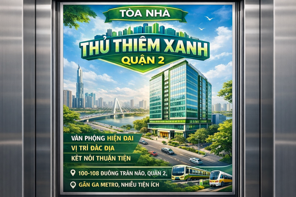 Quảng cáo dán poster thang máy tòa nhà Thủ Thiêm Xanh QUẬN 2