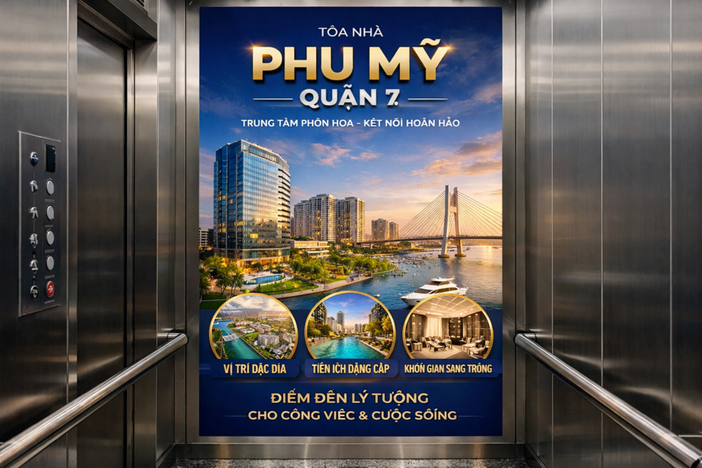Quảng cáo dán poster thang máy tòa nhà Phú Mỹ QUẬN 7