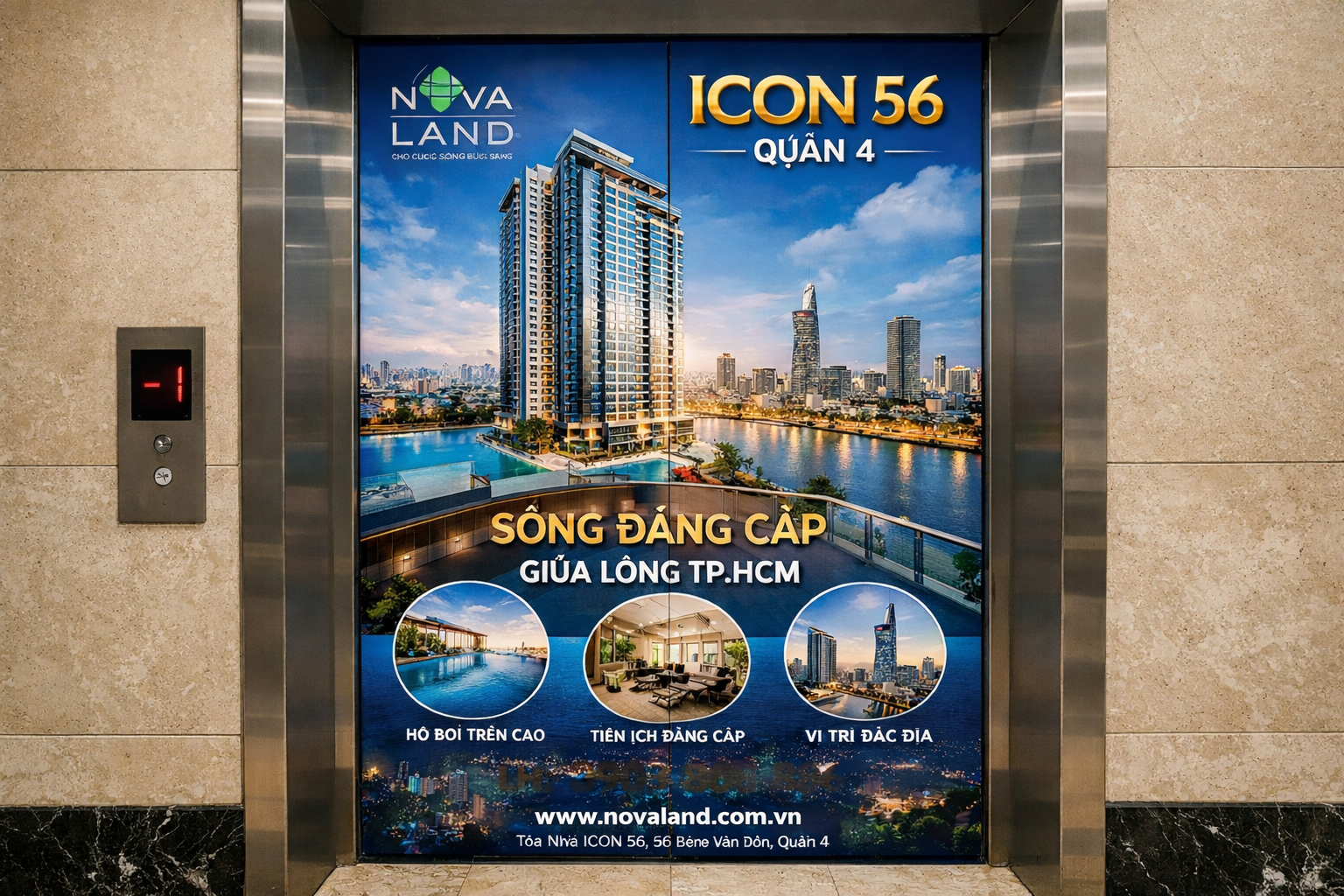 Quảng cáo dán poster thang máy tòa nhà Novaland - ICON 56 QUẬN 4