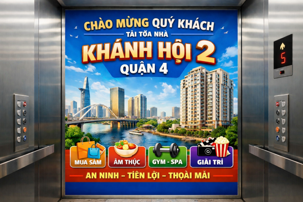 Quảng cáo dán poster thang máy tòa nhà Khánh Hội 2 QUẬN 4