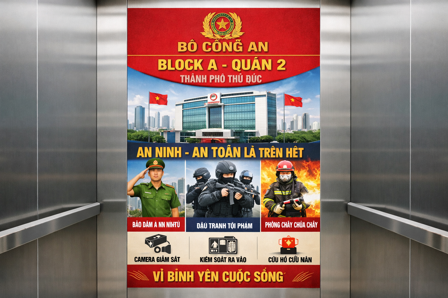  Quảng cáo dán poster thang máy tòa nhà Bộ Công An Block A QUẬN 2
