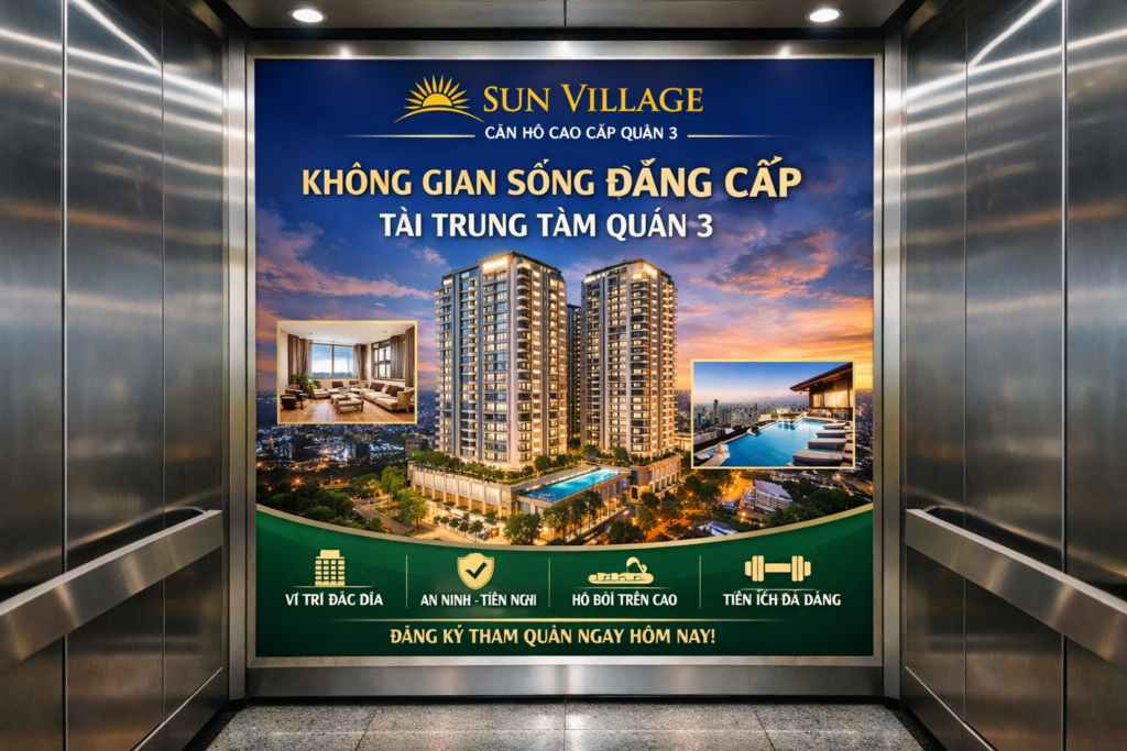 Quảng cáo dán poster thang máy tòa nhà Sun Village QUẬN 3
