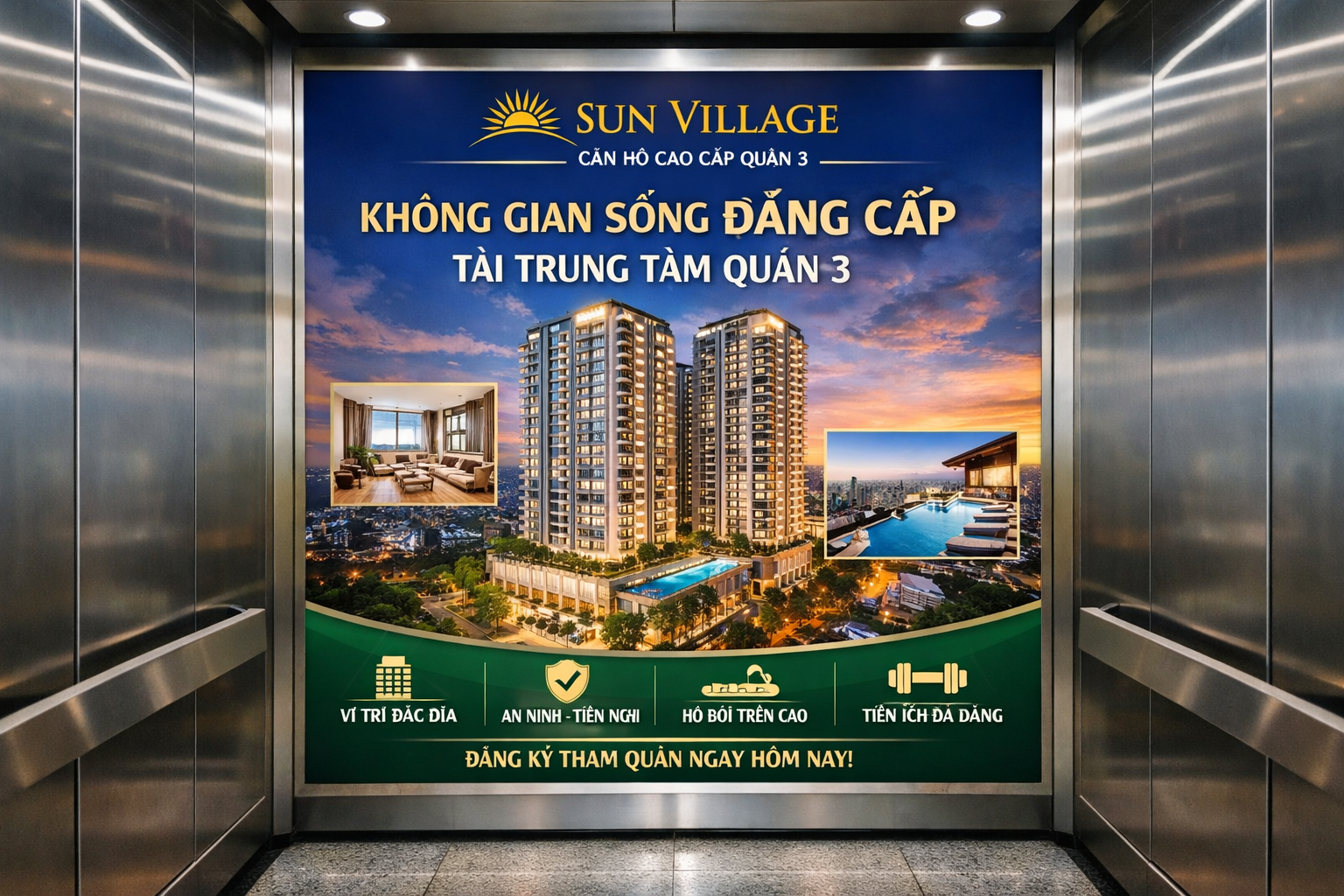 Quảng cáo dán poster thang máy tòa nhà Sun Village QUẬN 3