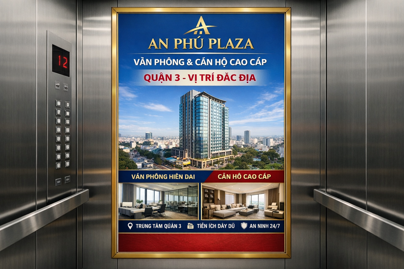 Quảng cáo dán poster thang máy tòa nhà An Phú Plaza QUẬN 3