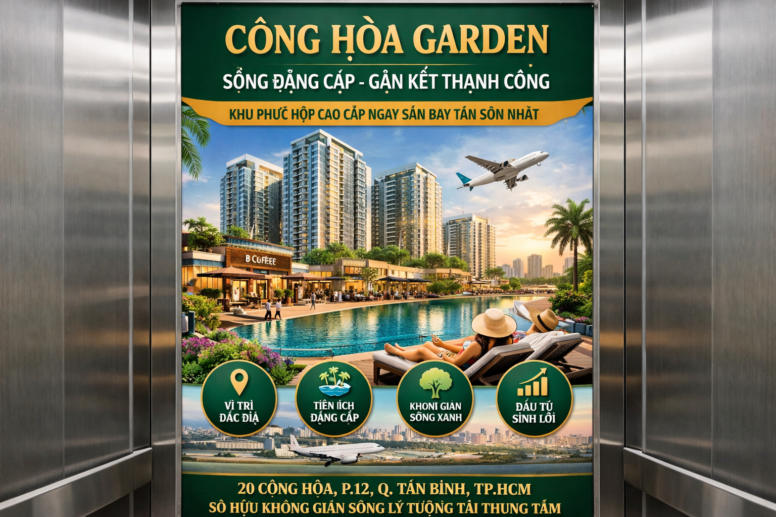 Quảng cáo dán poster thang máy tòa nhà Cộng Hòa Garden