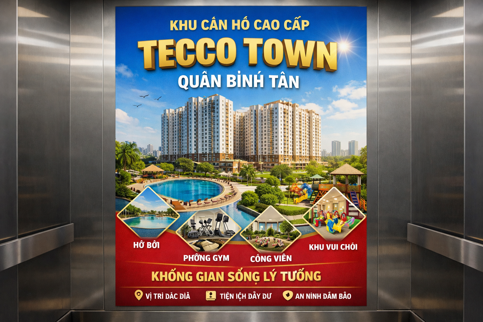Quảng cáo dán poster thang máy tòa nhà Tecco Town QUẬN BÌNH TÂN