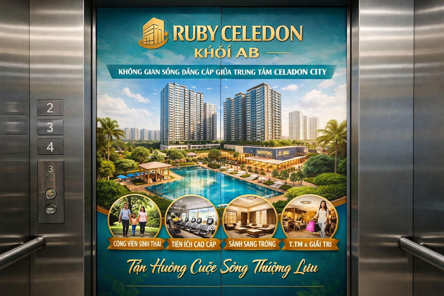 Quảng cáo dán poster thang máy tòa nhà Ruby Celedon khối AB
