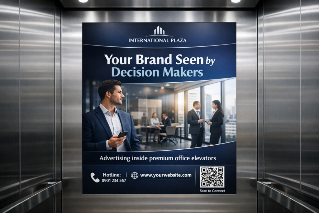 Quảng cáo dán poster thang máy tòa nhà International Plaza QUẬN 1