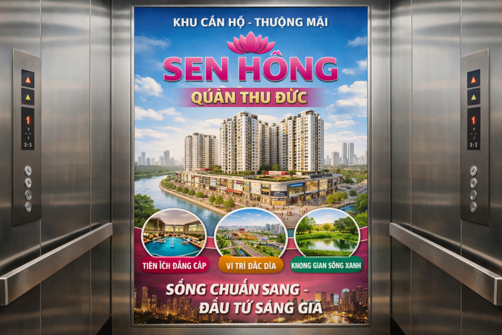 Quảng cáo dán poster thang máy tòa nhà Sen Hồng QUẬN THỦ ĐỨC