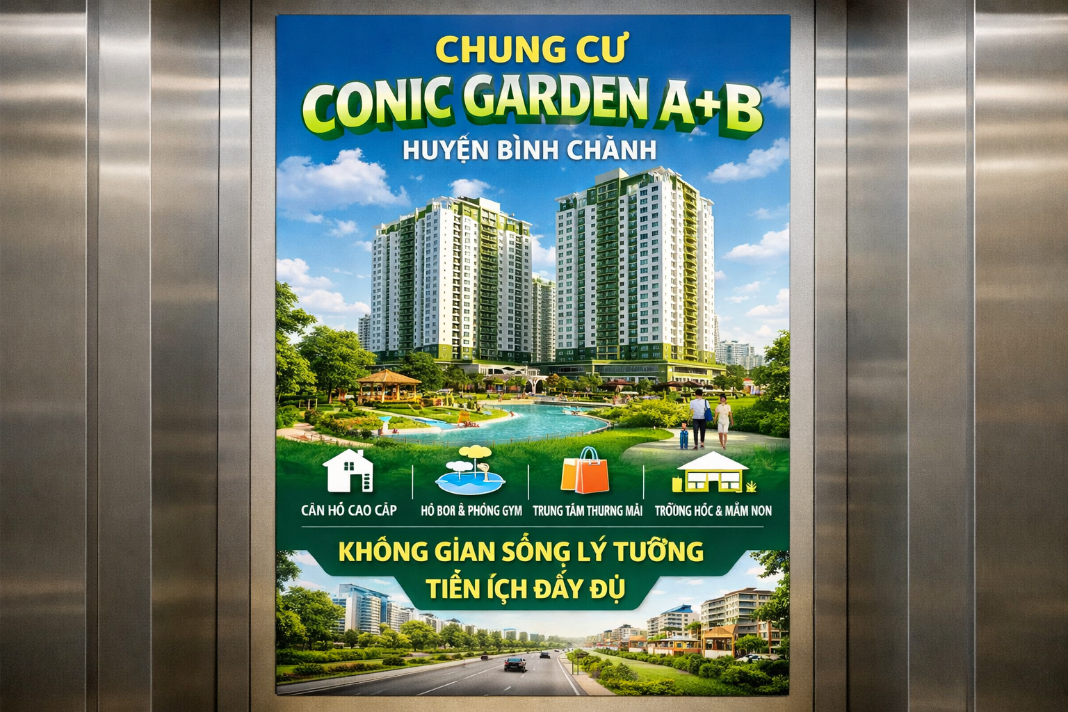 Quảng cáo dán poster thang máy tòa nhà CHUNG CƯ CONIC GARDEN A+ B HUYỆN BÌNH CHÁNH