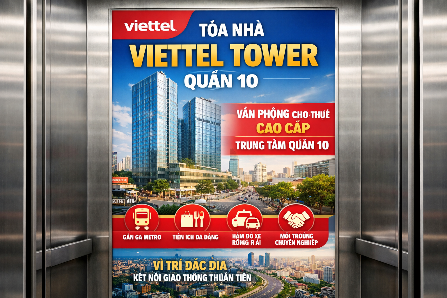 Quảng cáo dán poster thang máy tòa nhà Viettel Tower QUẬN 10 