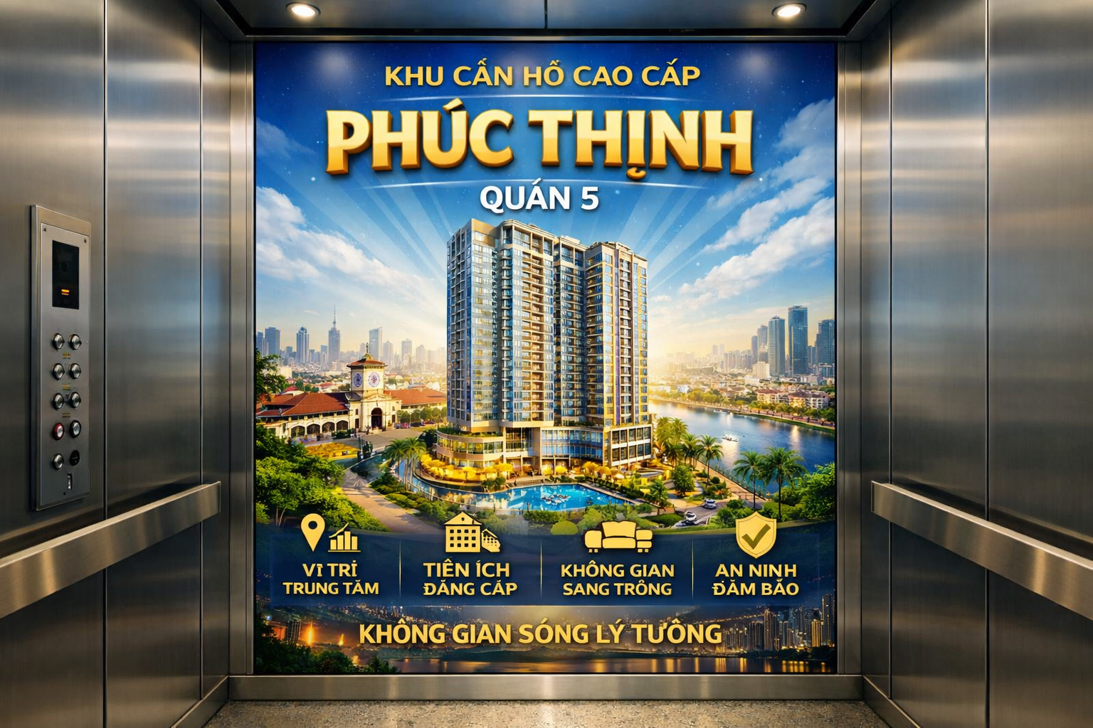 Quảng cáo dán poster thang máy tòa nhà Phúc Thịnh QUẬN 5