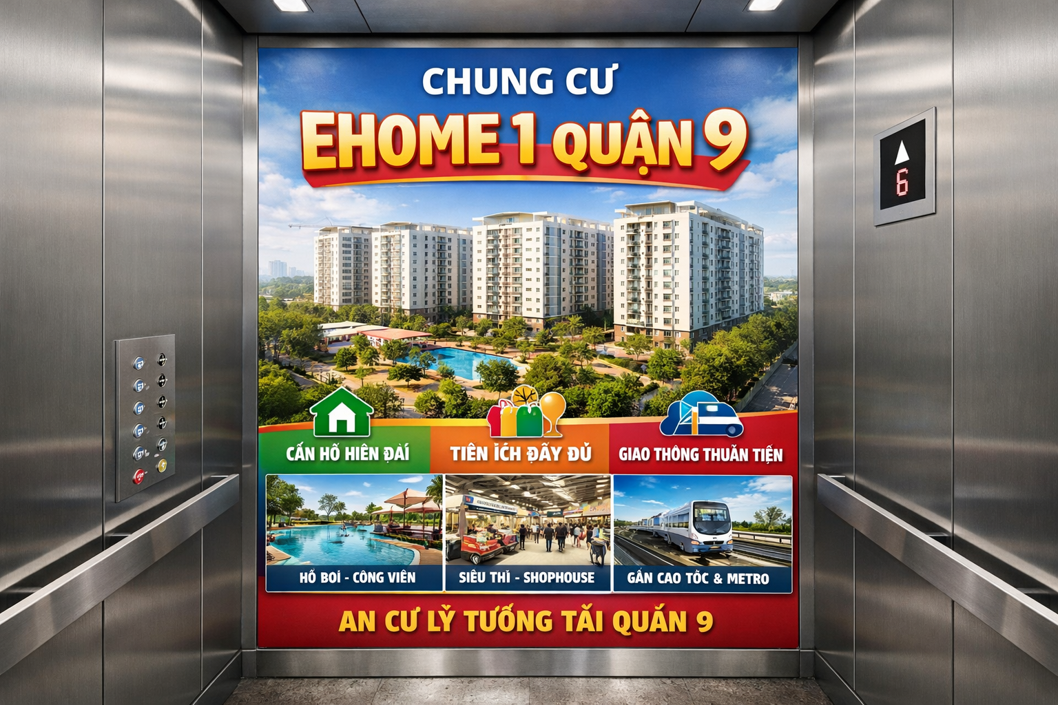 Quảng cáo dán poster thang máy tòa nhà Chung cư Ehome 1 QUẬN 9