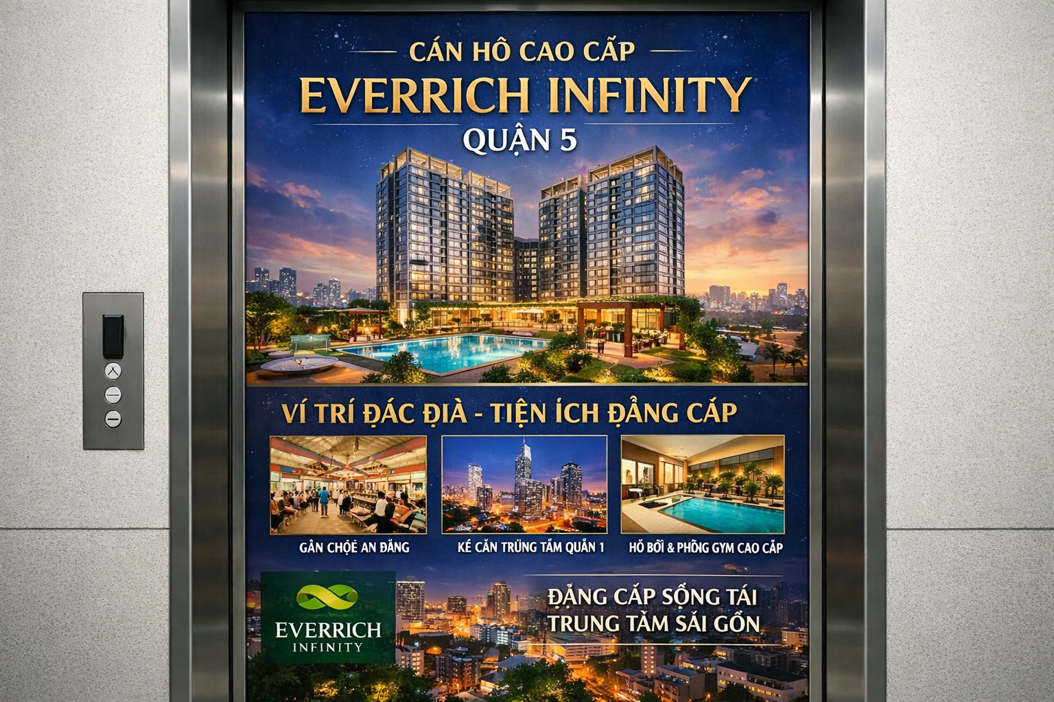 Quảng cáo dán poster thang máy tòa nhà Everrich Infinity QUẬN 5 