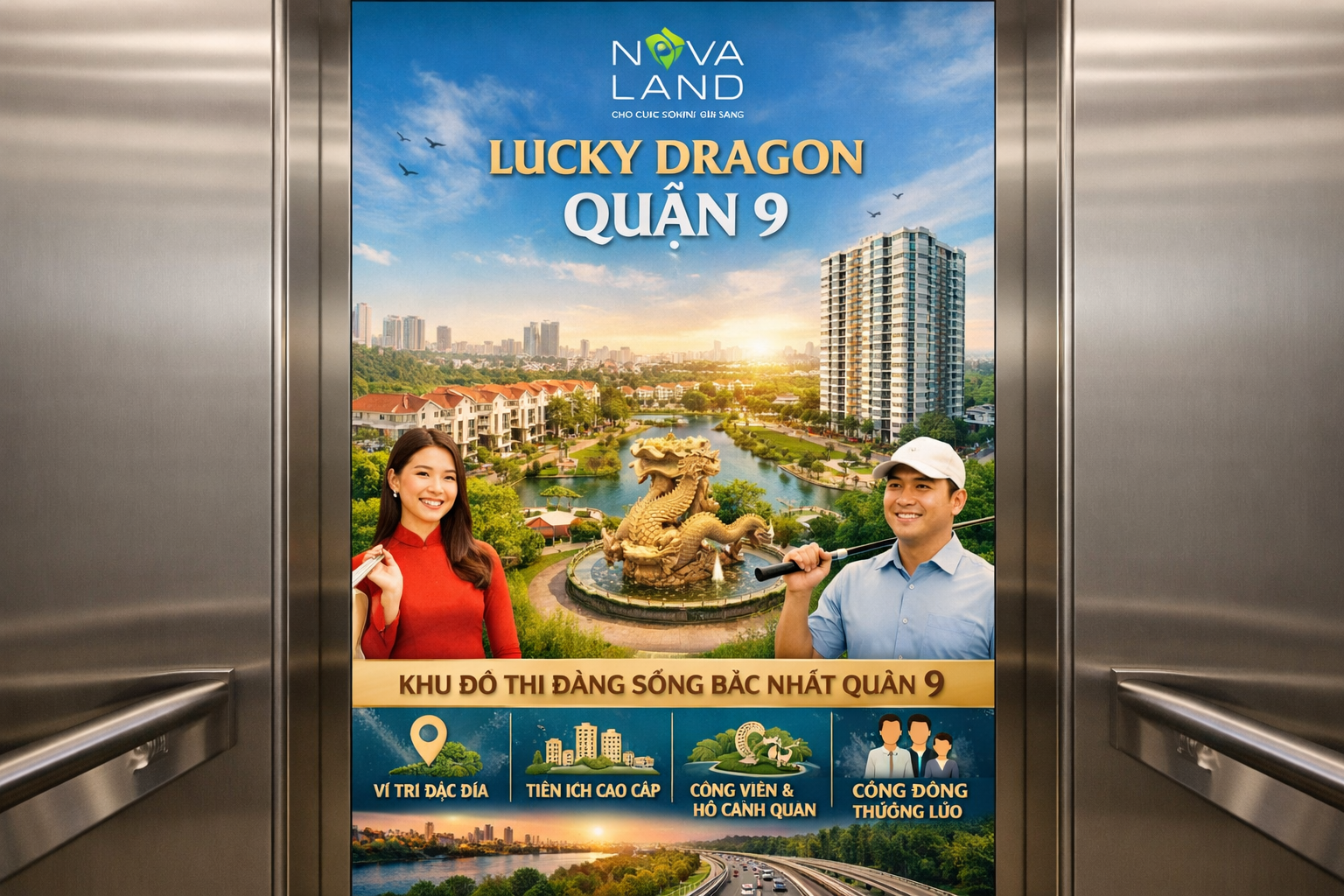 Quảng cáo dán poster thang máy tòa nhà Novaland - Lucky dragon QUẬN 9