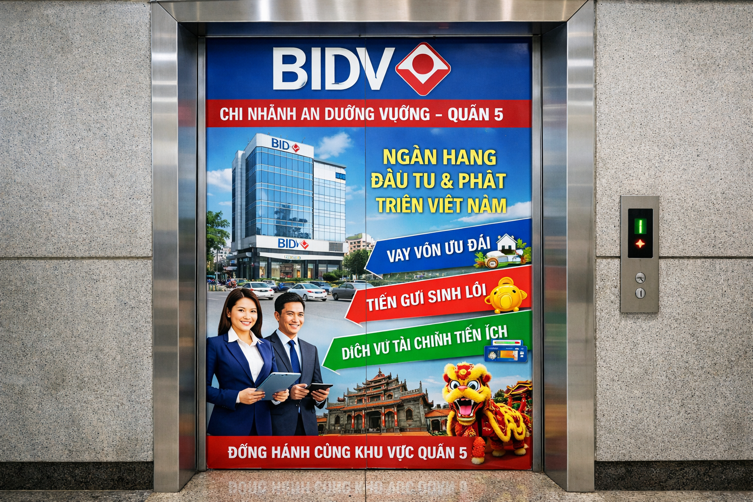 Quảng cáo dán poster thang máy tòa nhà Bidv An Dương Vương QUẬN 5