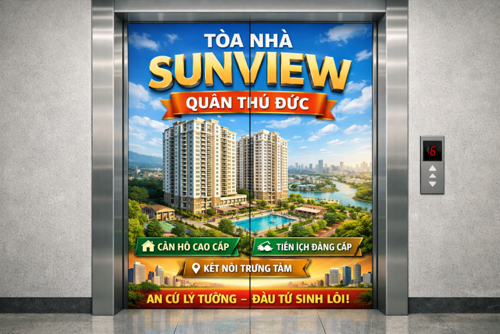 Quảng cáo dán poster thang máy tòa nhà Sunview QUẬN THỦ ĐỨC