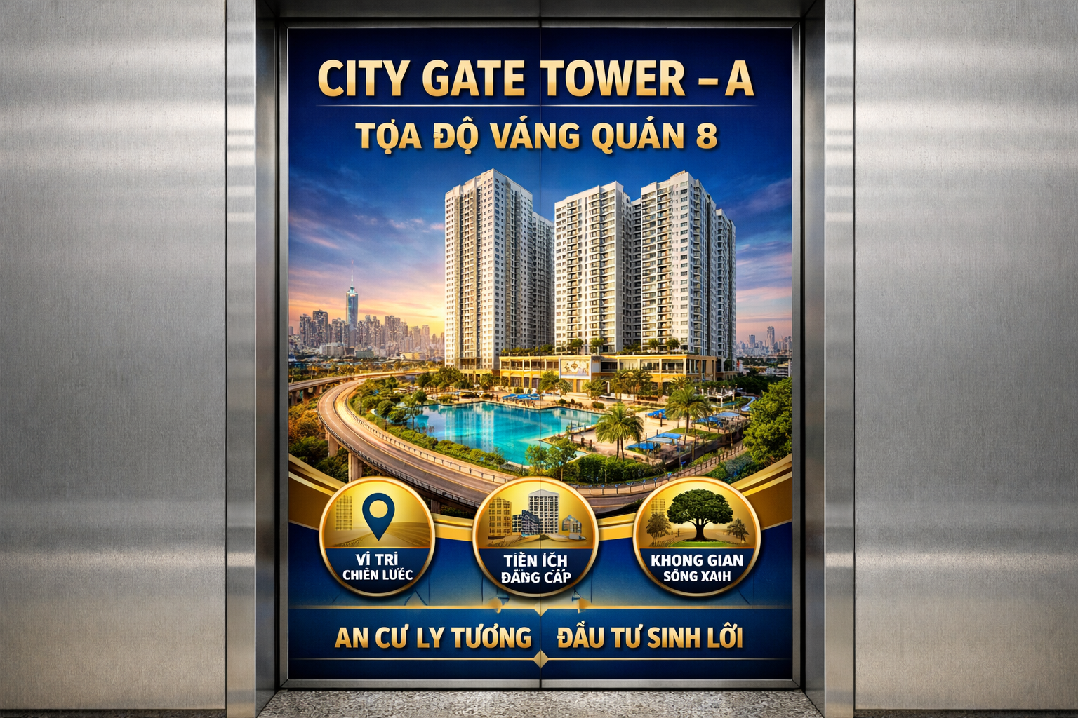 Quảng cáo dán poster thang máy tòa nhà CITY GATE TOWER - A QUẬN 8