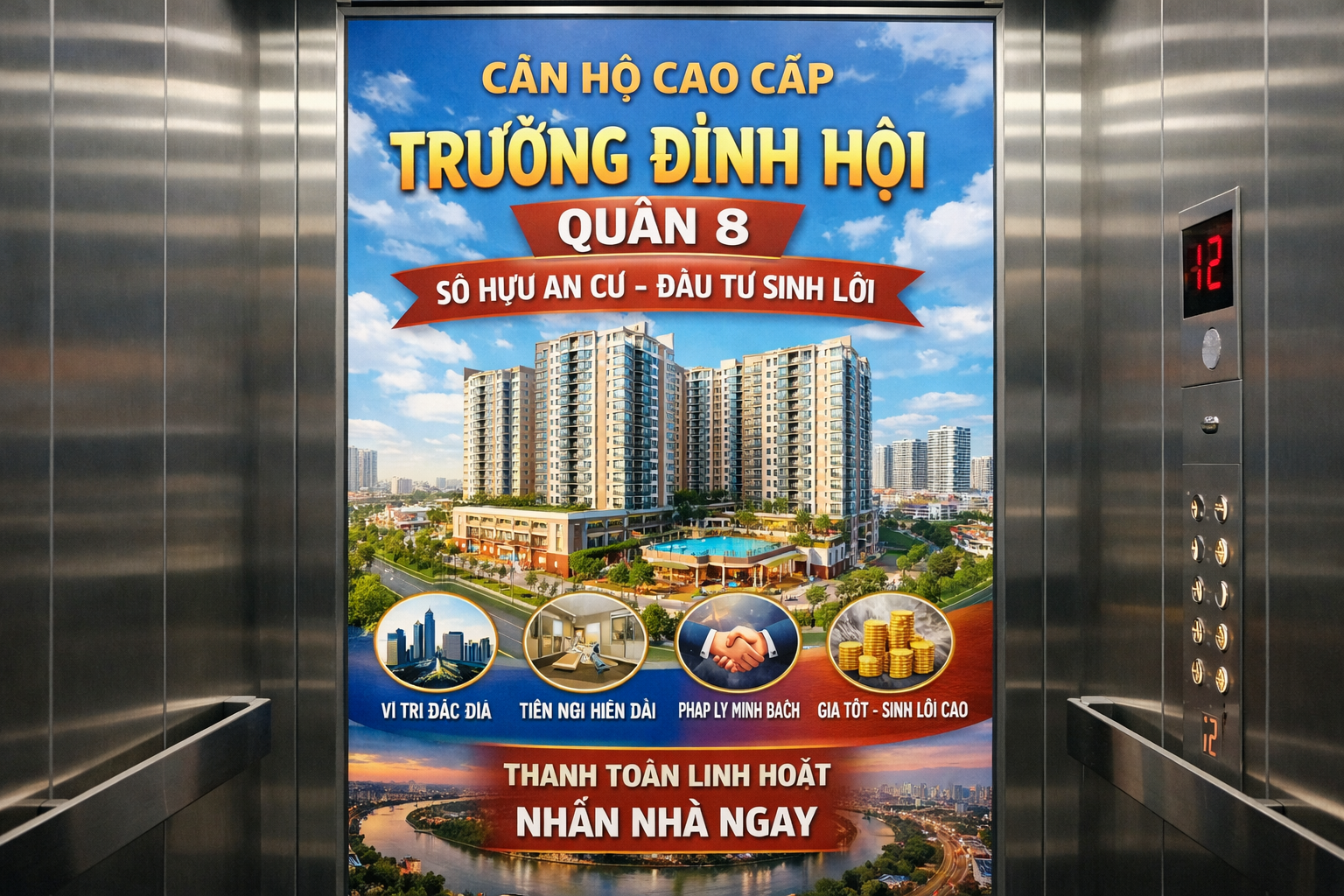 Quảng cáo dán poster thang máy tòa nhà Trương Đình Hội QUẬN 8