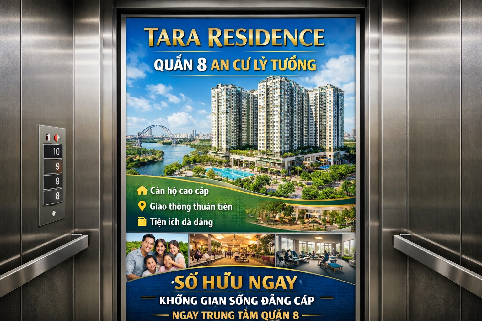 Quảng cáo dán poster thang máy tòa nhà Tara Residence​. QUẬN 8 
