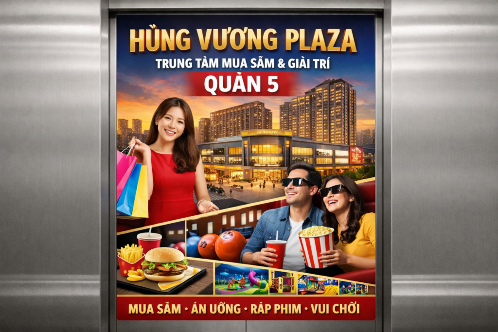 Quảng cáo dán poster thang máy tòa nhà Hùng Vương Plaza QUẬN 5
