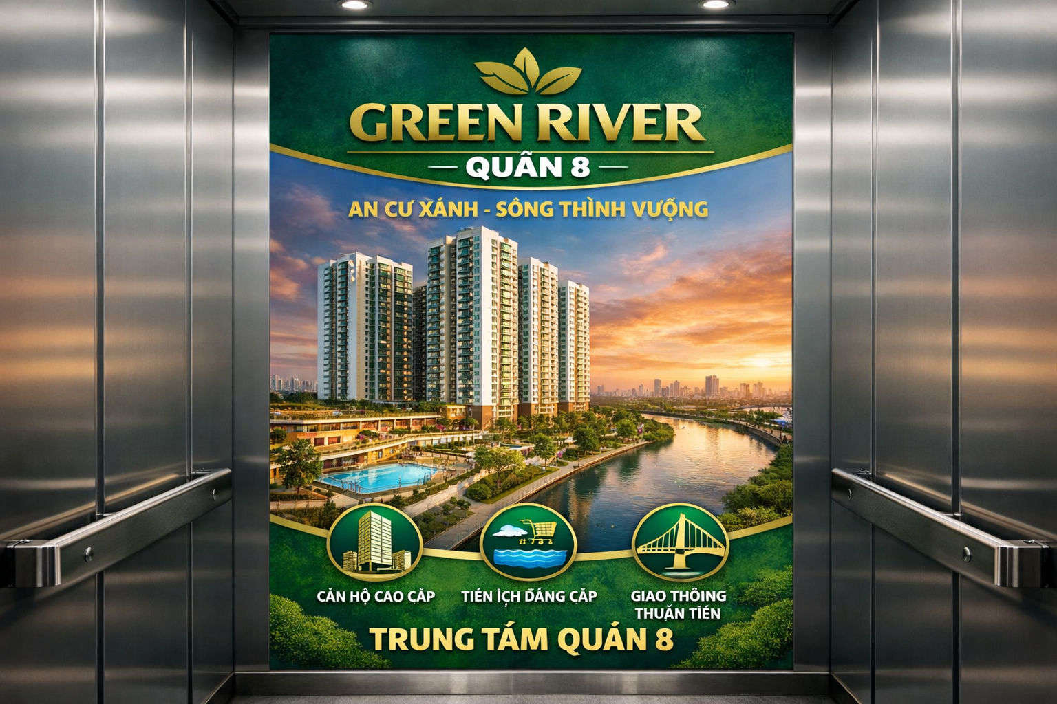 Quảng cáo dán poster thang máy tòa nhà GREEN RIVER QUẬN 8